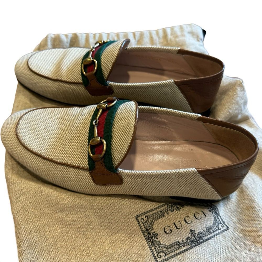 Gucci Beige Brown Canvas and Leather Horsebit Brixton Charlotte Loafers Size 35 - Picture 4 of 13